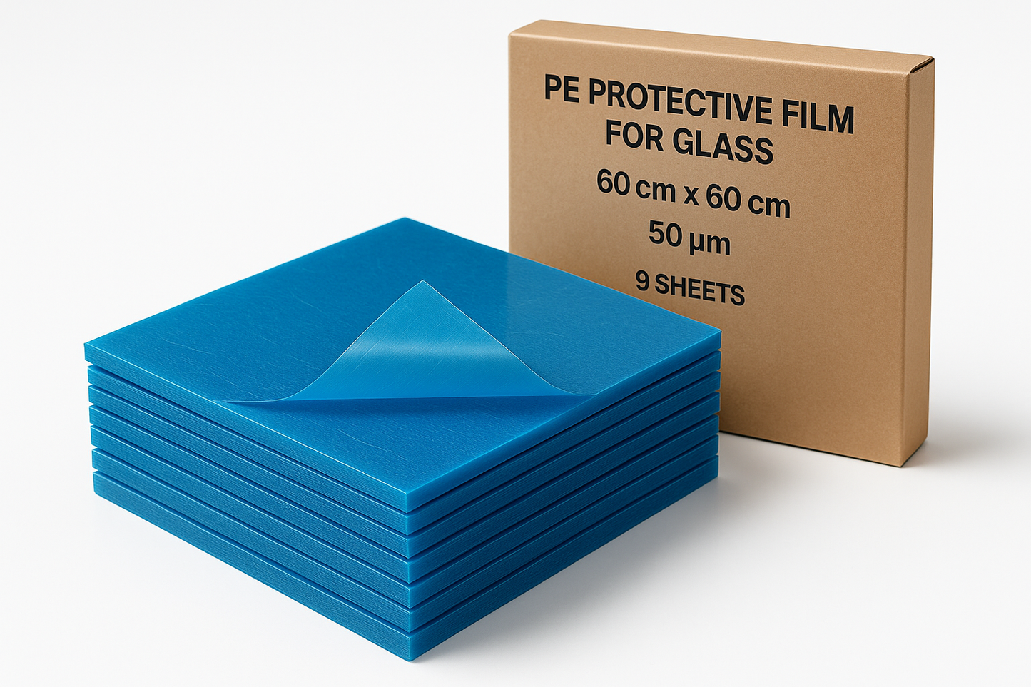 Glass Protection Film, PE film, 50um, blue, 60cm*60cm, adhesive, 9pcs case